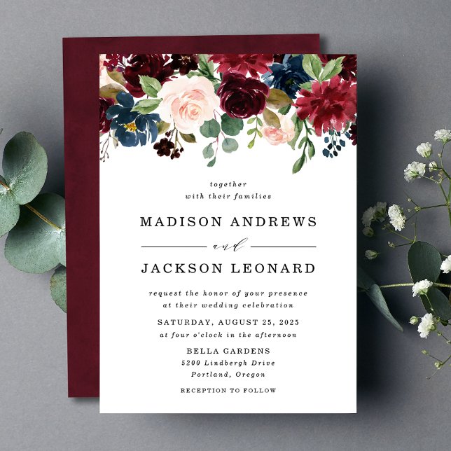 Convite Casamento Floral do Marinho Blush Burgundy (Criador carregado)