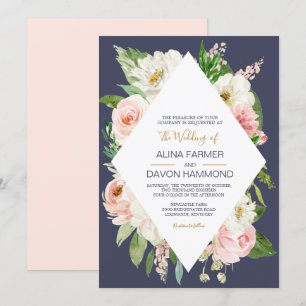 Convite Casamento Floral do Marinho Branco Cor-de-rosa com