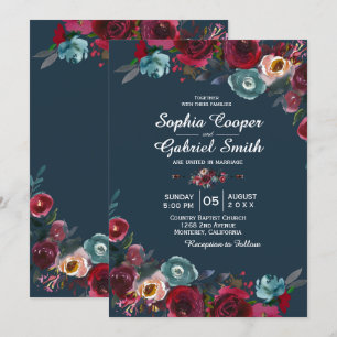 Convite Casamento Floral do Marinho Burgundy Botânico Mode