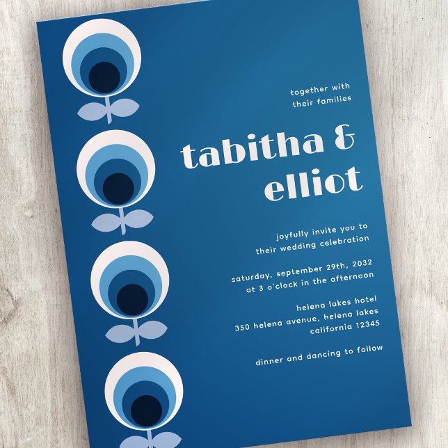 Convite Casamento Floral do Meio século Retro Azul (Criador carregado)