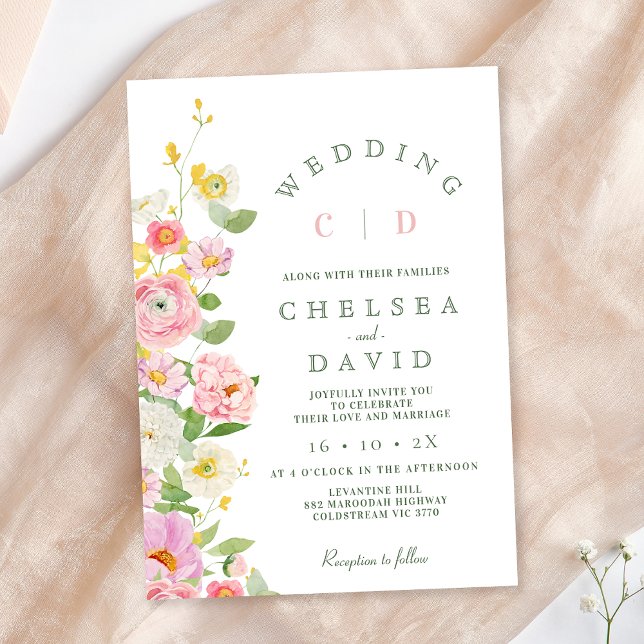 Convite Casamento Floral do Monograma Branco Rosa Moderno (Pastel Floral Wedding Invitation Template, Pink Floral Wedding Invitation, Spring Floral Wedding )