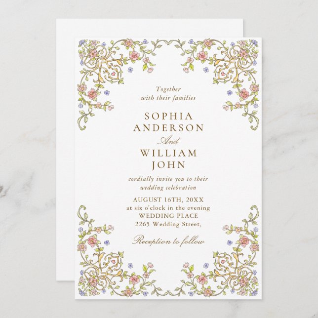 Convite Casamento Floral do Ornamentado Vitoriano Grace Pa (Frente/Verso)