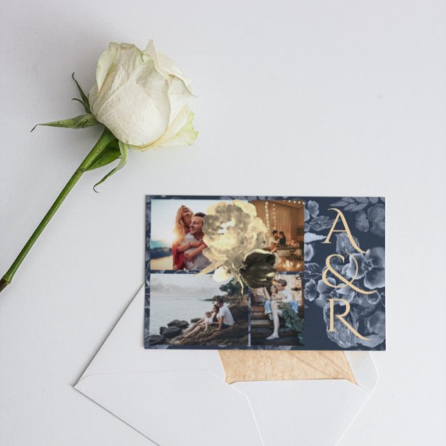 Convite Casamento Floral do Ouro Azul com Marinho de 4 Fot (Criador carregado)