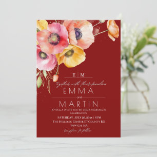 Convite Casamento Floral do Papa Vermelho Moderno Maroon