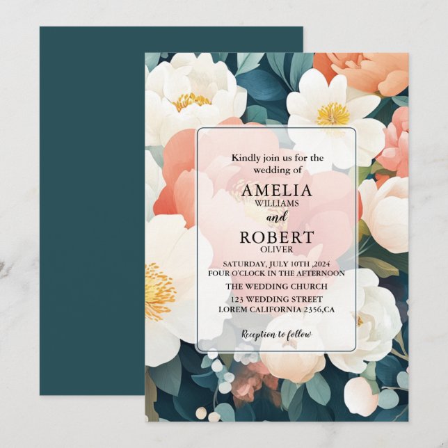 Convite Casamento Floral dos Peões Teais Modernos (Frente/Verso)