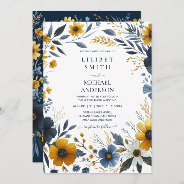 Convite Casamento Floral Dourado Amarelo Azul Marinho Prem (Frente/Verso)