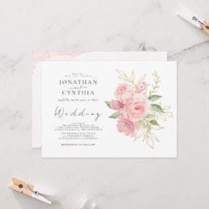 Convite Casamento Floral Dourado Aquarela Rosa Elegante