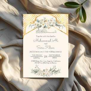 Convite Casamento Floral Dourado Árabe Muçulmano Cream Min