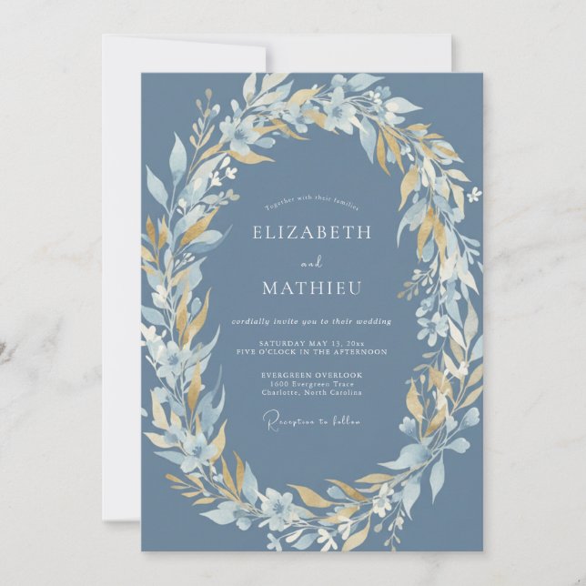 Convite Casamento Floral Dourado Azul Aço (Frente)