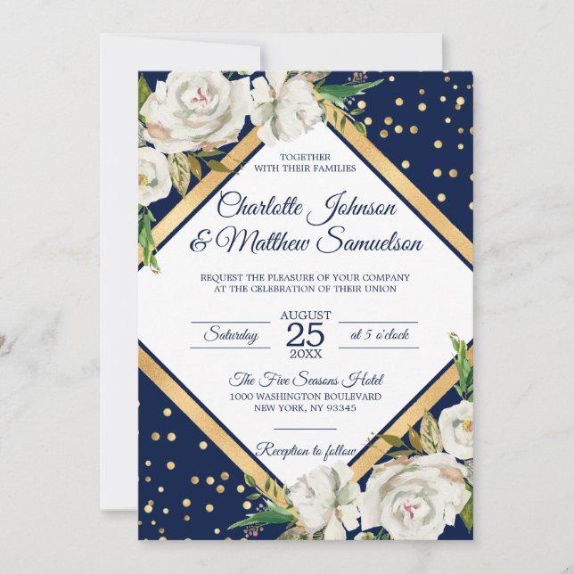 Convite Casamento Floral Dourado Azul Marinho Branco (Frente)