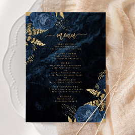 Convite Casamento Floral Dourado Azul-Marinho Elegante
