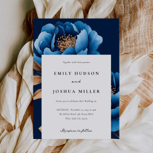 Convite Casamento Floral Dourado Azul-Marinho Elegante