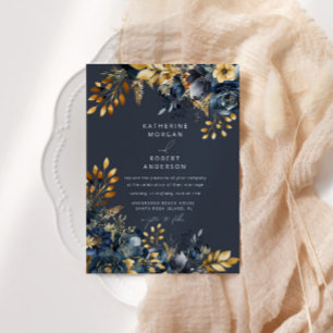 Convite Casamento Floral Dourado Azul Meia-Noite em Aquare