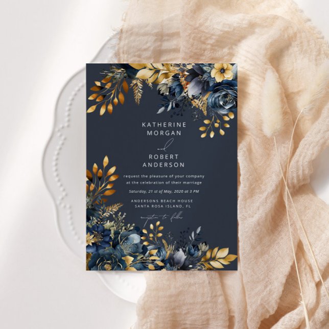 Convite Casamento Floral Dourado Azul Meia-Noite em Aquare (Criador carregado)