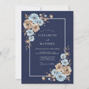 Convite Casamento Floral Dourado Azul Naval