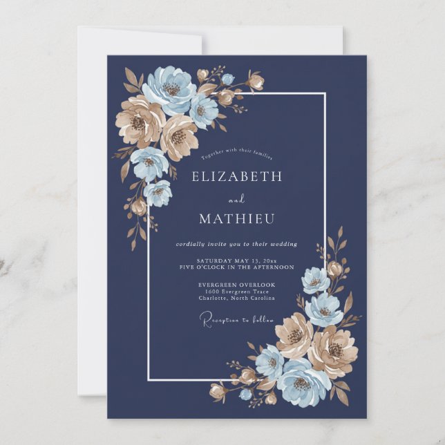 Convite Casamento Floral Dourado Azul Naval (Frente)
