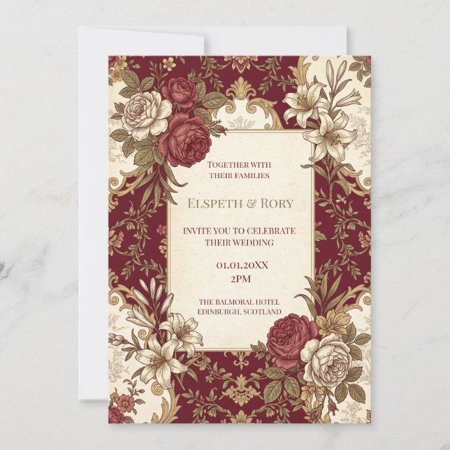 Convite Casamento Floral Dourado Borgonha (Frente)
