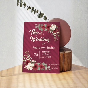 Convite Casamento Floral Dourado Borgonha Outono Inverno