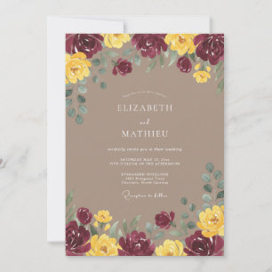 Convite Casamento Floral Dourado Borgonha Romance