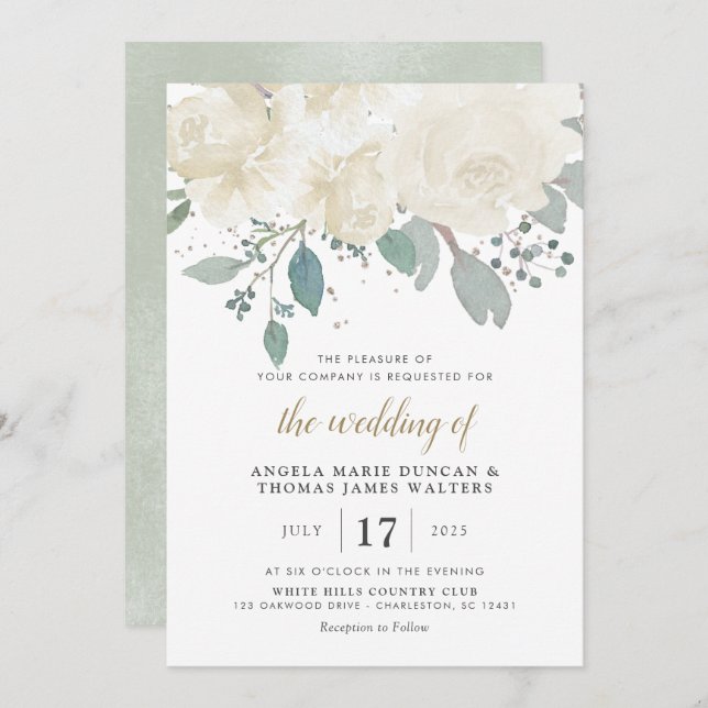 Convite Casamento Floral Dourado Branco Rosas de inverno (Frente/Verso)