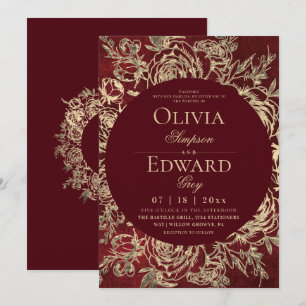 Convite Casamento Floral Dourado Burgundy Divino