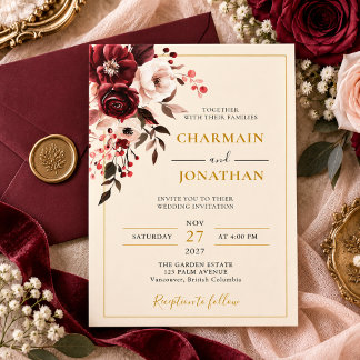 Convite Casamento Floral Dourado Burgundy Elegante