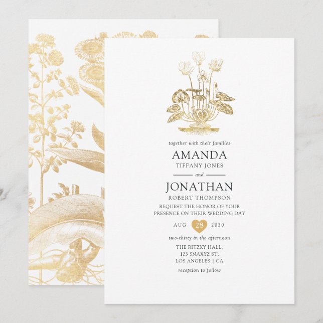 Convite Casamento Floral Dourado Chic (Frente/Verso)