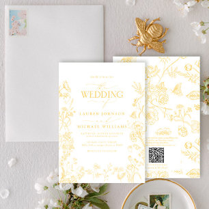 Convite Casamento Floral Dourado Chinoiserie com Código QR