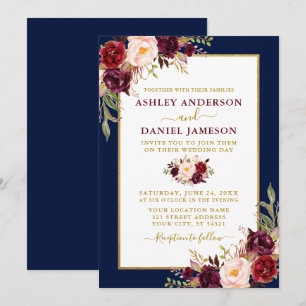 Convite Casamento Floral Dourado com Borgonha