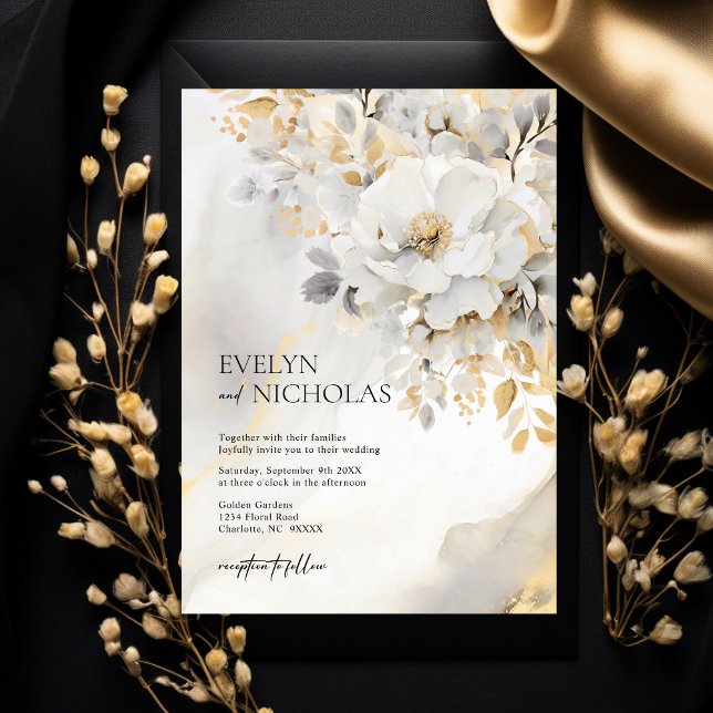 Convite Casamento Floral Dourado com Cinzas Douradas Marbl (Beautiful Gold Grey Gold Floral Wedding Invitation)