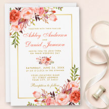 Casamento Floral Dourado com Coral de Aquarela Mod