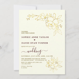 Convite Casamento Floral Dourado com Listras Burgundy Prof