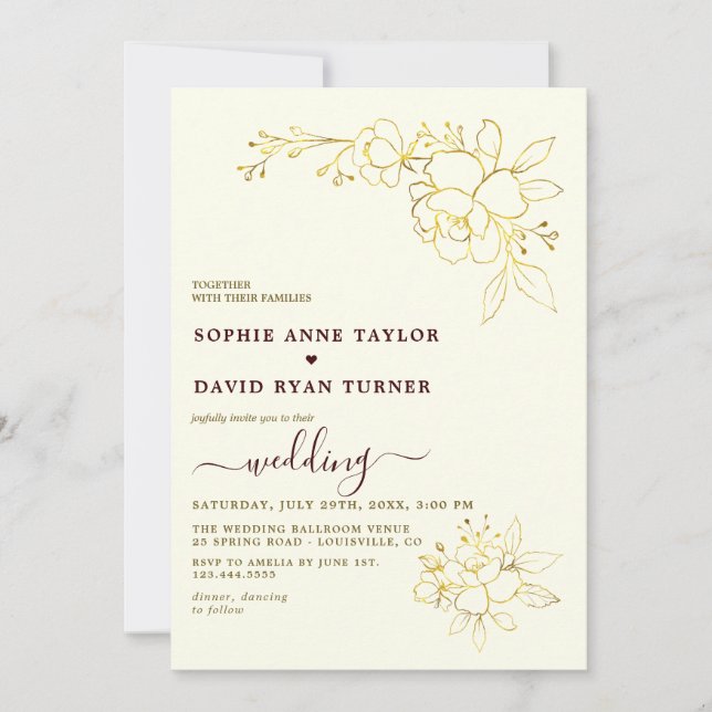 Convite Casamento Floral Dourado com Listras Burgundy Prof (Frente)