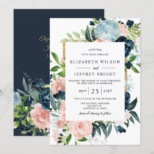 Convite Casamento Floral Dourado com Marinho de Aquarela R