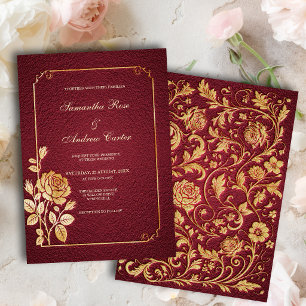 Convite Casamento Floral Dourado com Relevo em Merlot Escu