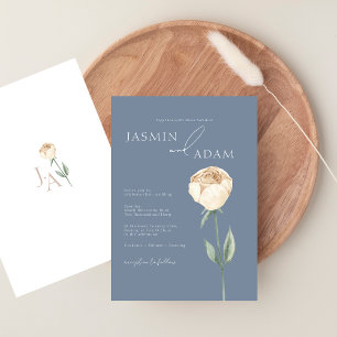 Convite Casamento Floral Dourado com Rosa Azul Elegante Si