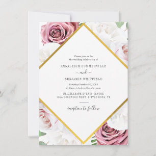 Convite Casamento Floral Dourado com Rosa Geométrico Elega