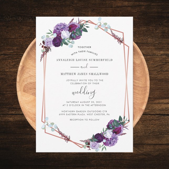 Convite Casamento Floral Dourado com Rosa Geométrico Roxo  (Purple Floral Geometric Script Wedding Invitation)