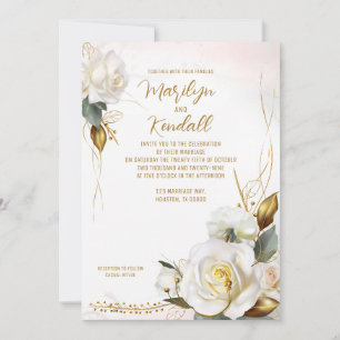 Convite Casamento Floral Dourado com Rosa romântica