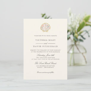 Convite Casamento Floral Dourado Concha Elegante Oceano Pr