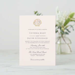 Convite Casamento Floral Dourado Concha Elegante Oceano Pr
