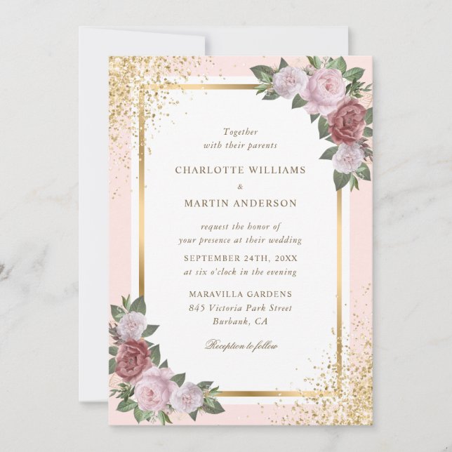 Convite Casamento Floral Dourado Cor-de-Rosa, Confetti (Frente)