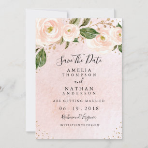 Convite Casamento Floral Dourado Cor-De-Rosa Esbranquiçad