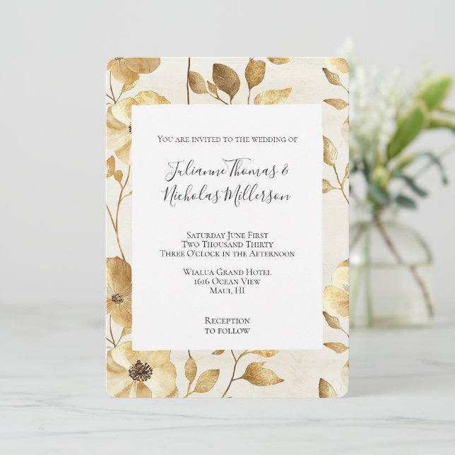 Convite Casamento Floral Dourado Cream (Em pé/Frente)