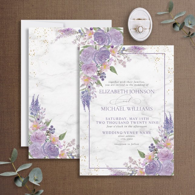 Convite Casamento Floral Dourado da Lavanda Lilac Marble (Criador carregado)