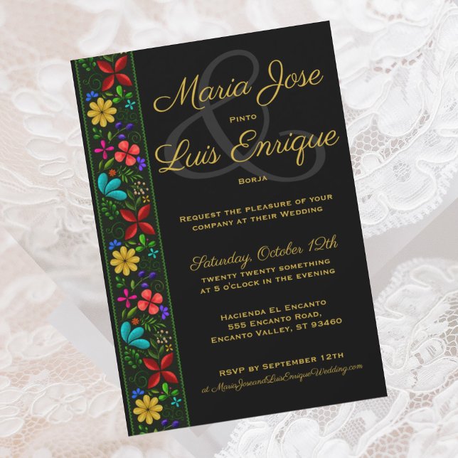 Convite Casamento Floral Dourado de Latim Preto Elegante (Criador carregado)