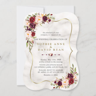 Convite Casamento Floral Dourado de Marble, Rosa Burgundy