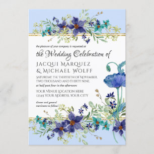 Convite Casamento Floral Dourado de Papanicolau Azul Pálid
