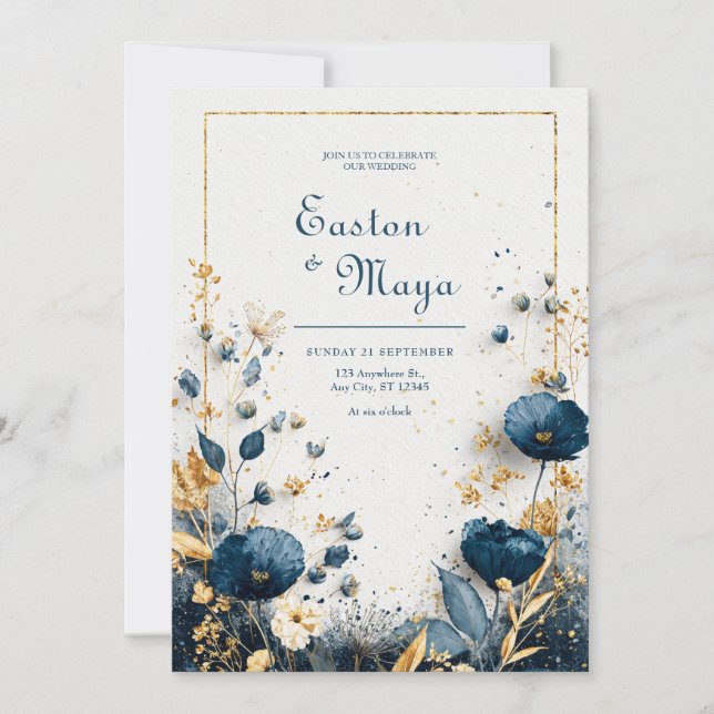 Convite Casamento Floral Dourado do Marinho Azure Blooms E (Frente)