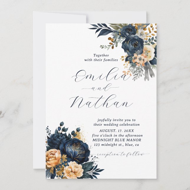 Convite Casamento Floral Dourado e Azul da Meia-Noite (Frente)